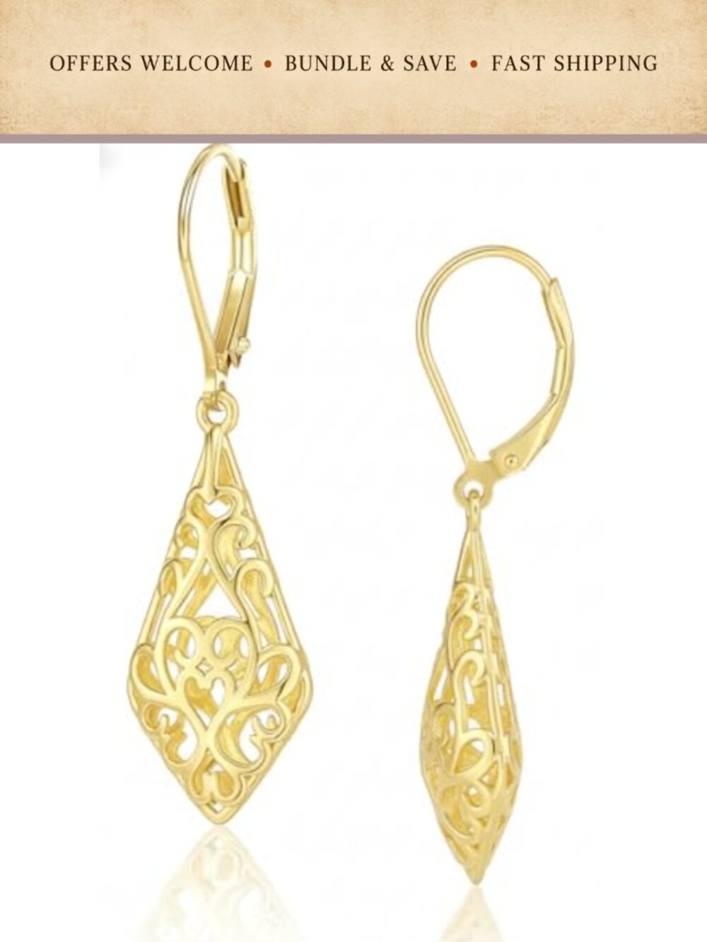 14K Gold Plated Vintage Filigree Dangle Earrings Geometric Drop Leverback